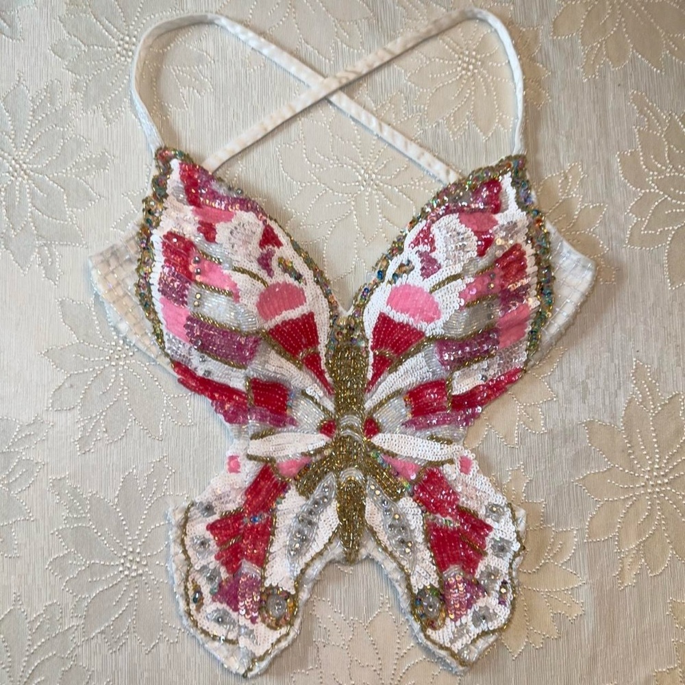 Beaded Butterfly Top - Pink & White